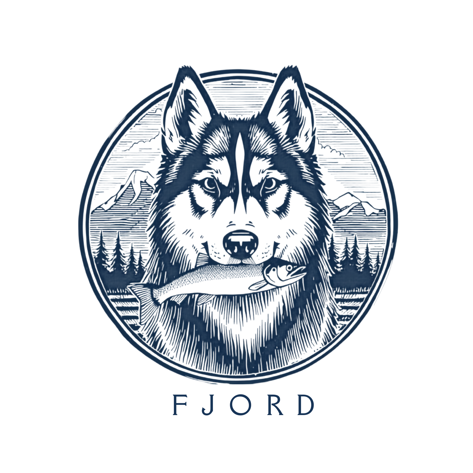 Fjord – husky med fisk, emblem